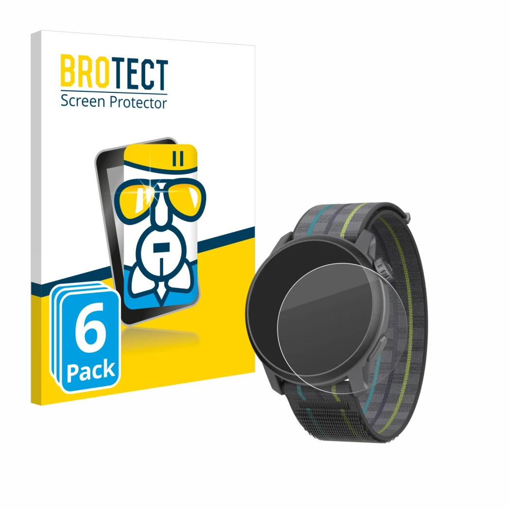 Parte frontale di una confezione del prodotto con il logo del marchio BROTECT. Accanto è raffigurato il dispositivo Coros Pace