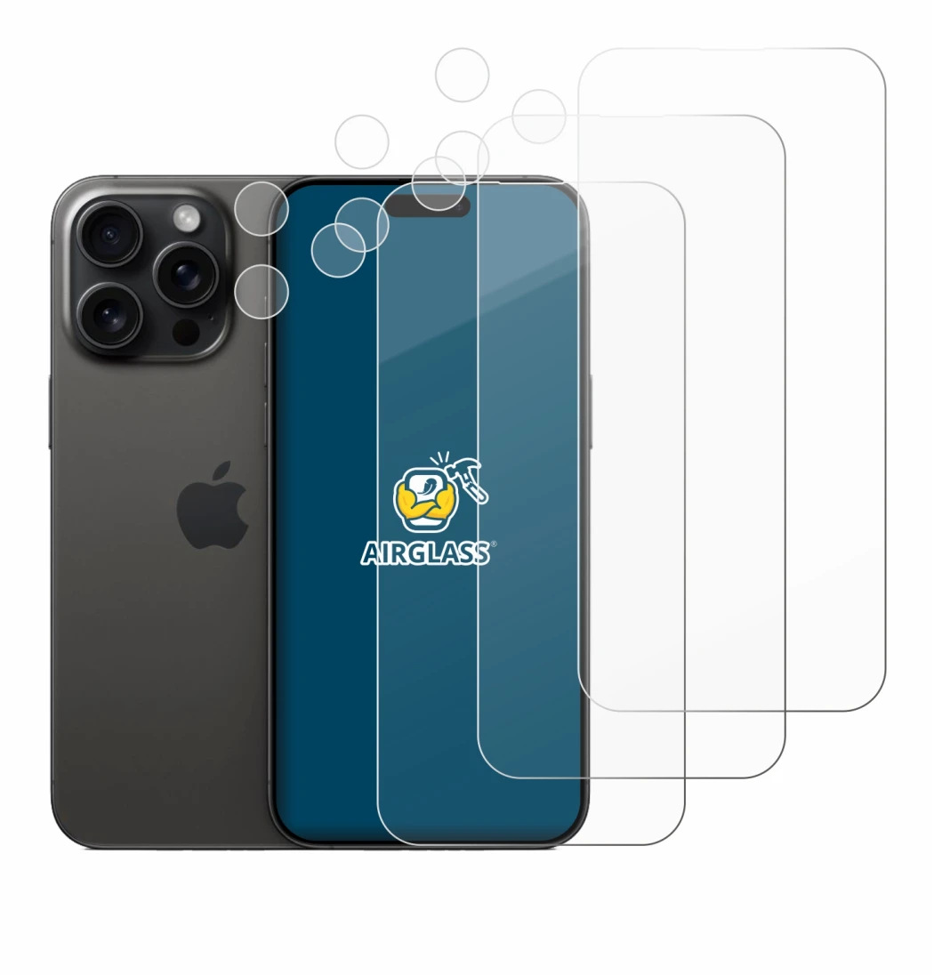 Immagine del dispositivo Apple iPhone 15 Pro Max (Fronte+Fotocamera) con un'ampia varietà di protezioni per lo schermo.