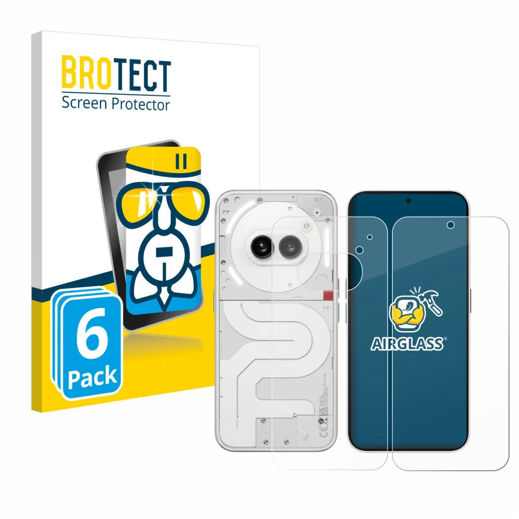 Parte frontale di una confezione del prodotto con il logo del marchio BROTECT. Accanto è raffigurato il dispositivo Nothing Ph