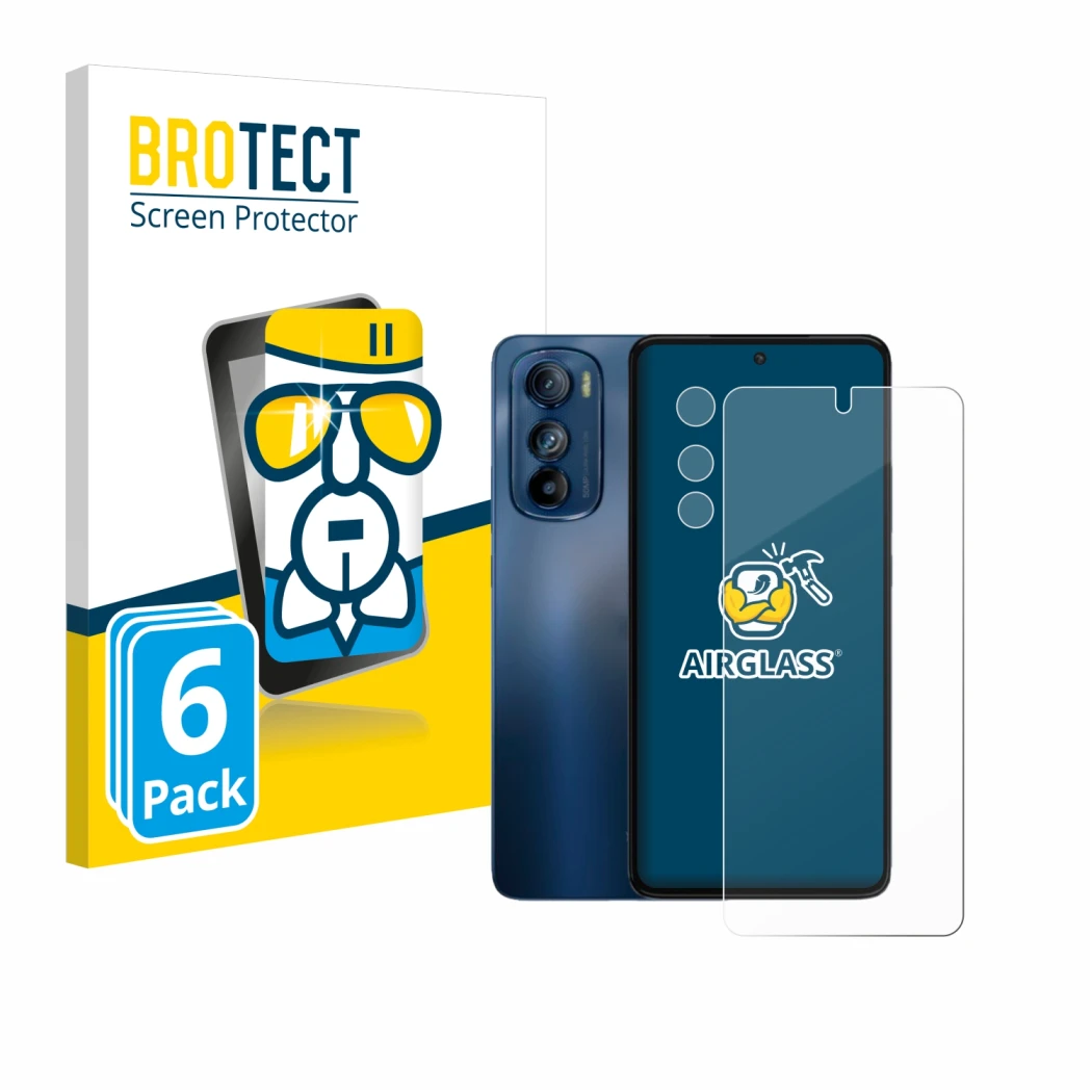 Parte frontale di una confezione del prodotto con il logo del marchio BROTECT. Accanto è raffigurato il dispositivo Motorola E
