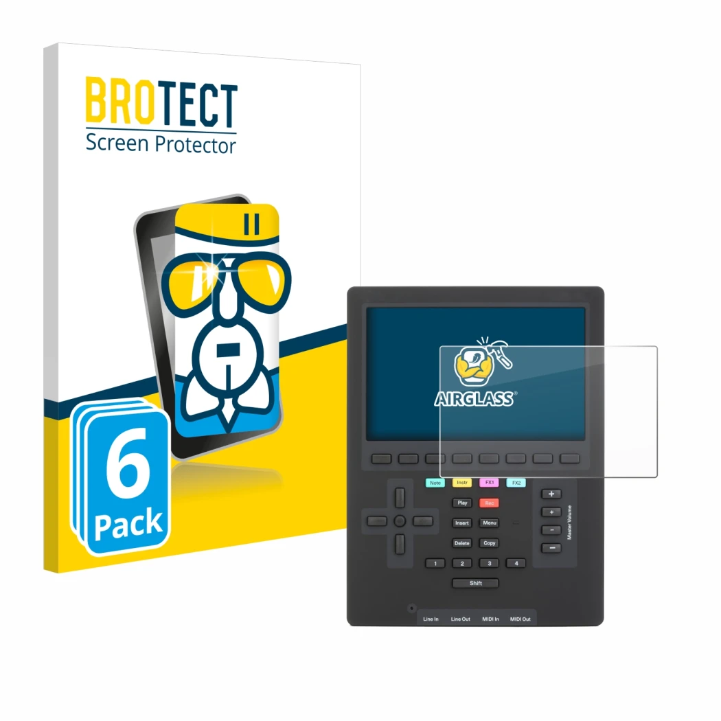 Parte frontale di una confezione del prodotto con il logo del marchio BROTECT. Accanto è raffigurato il dispositivo Polyend Tr