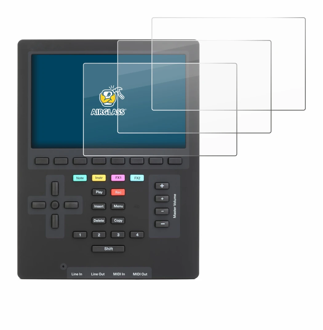 Immagine del dispositivo Polyend Tracker Mini con un'ampia varietà di protezioni per lo schermo.