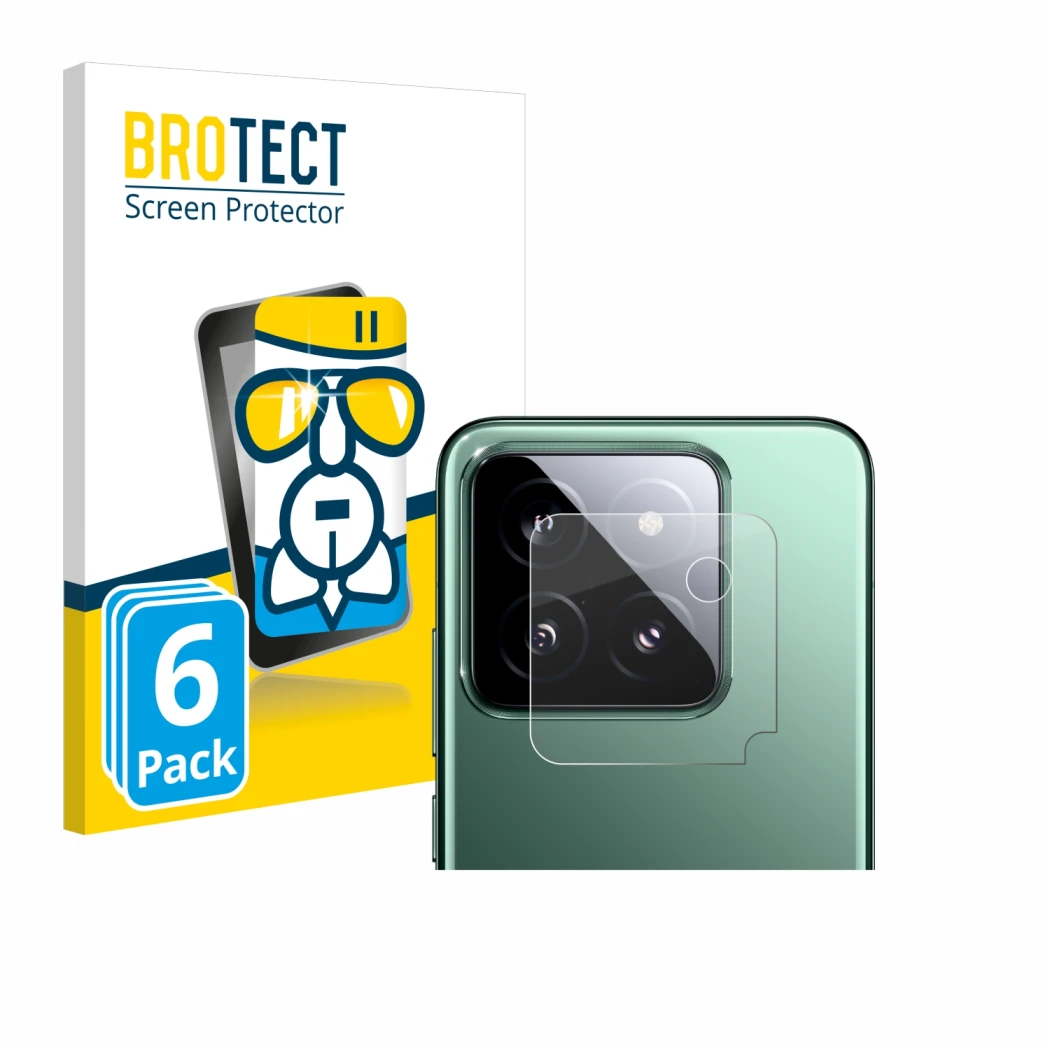 Parte frontale di una confezione del prodotto con il logo del marchio BROTECT. Accanto è raffigurato il dispositivo Xiaomi 14 