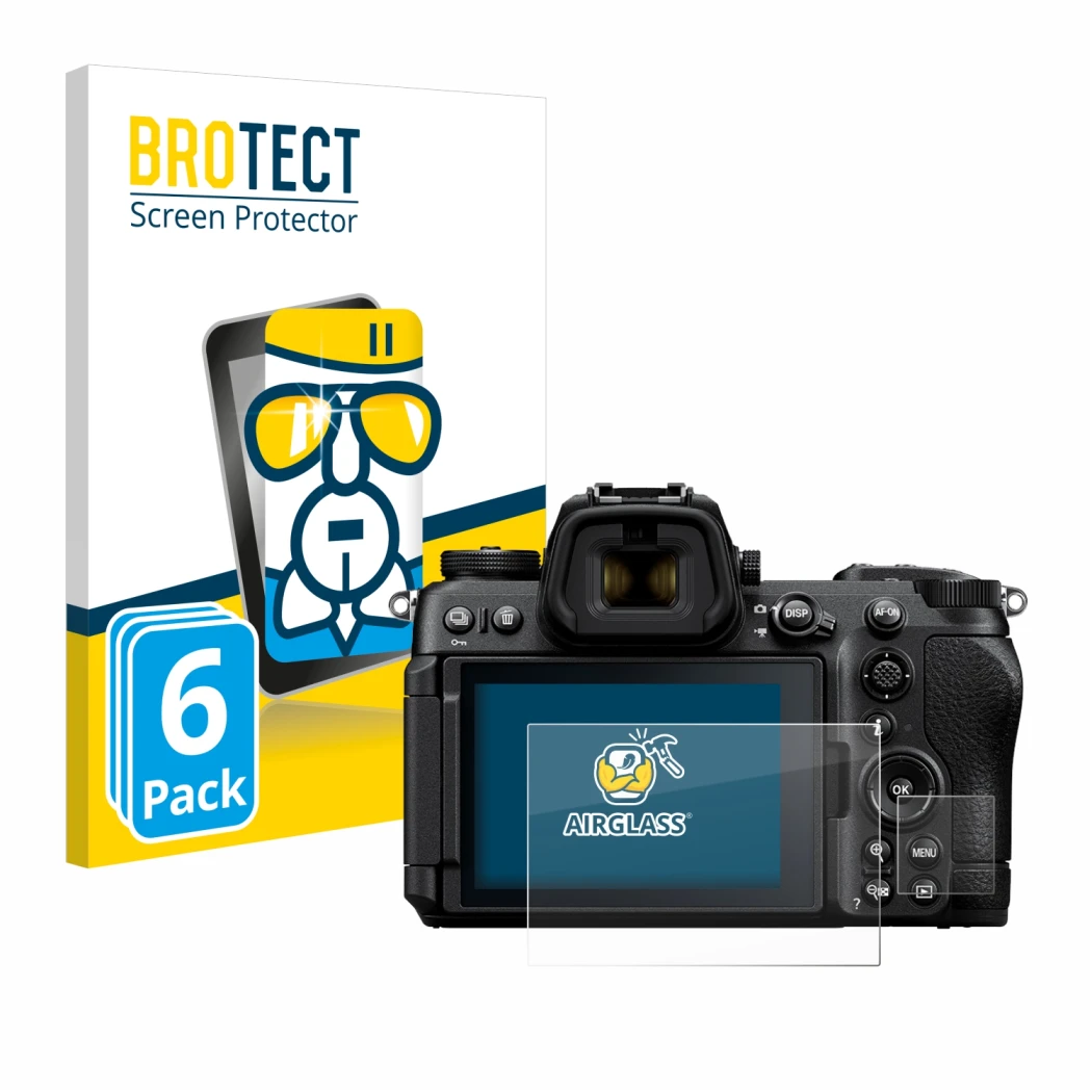 Parte frontale di una confezione del prodotto con il logo del marchio BROTECT. Accanto è raffigurato il dispositivo Nikon Z6 I