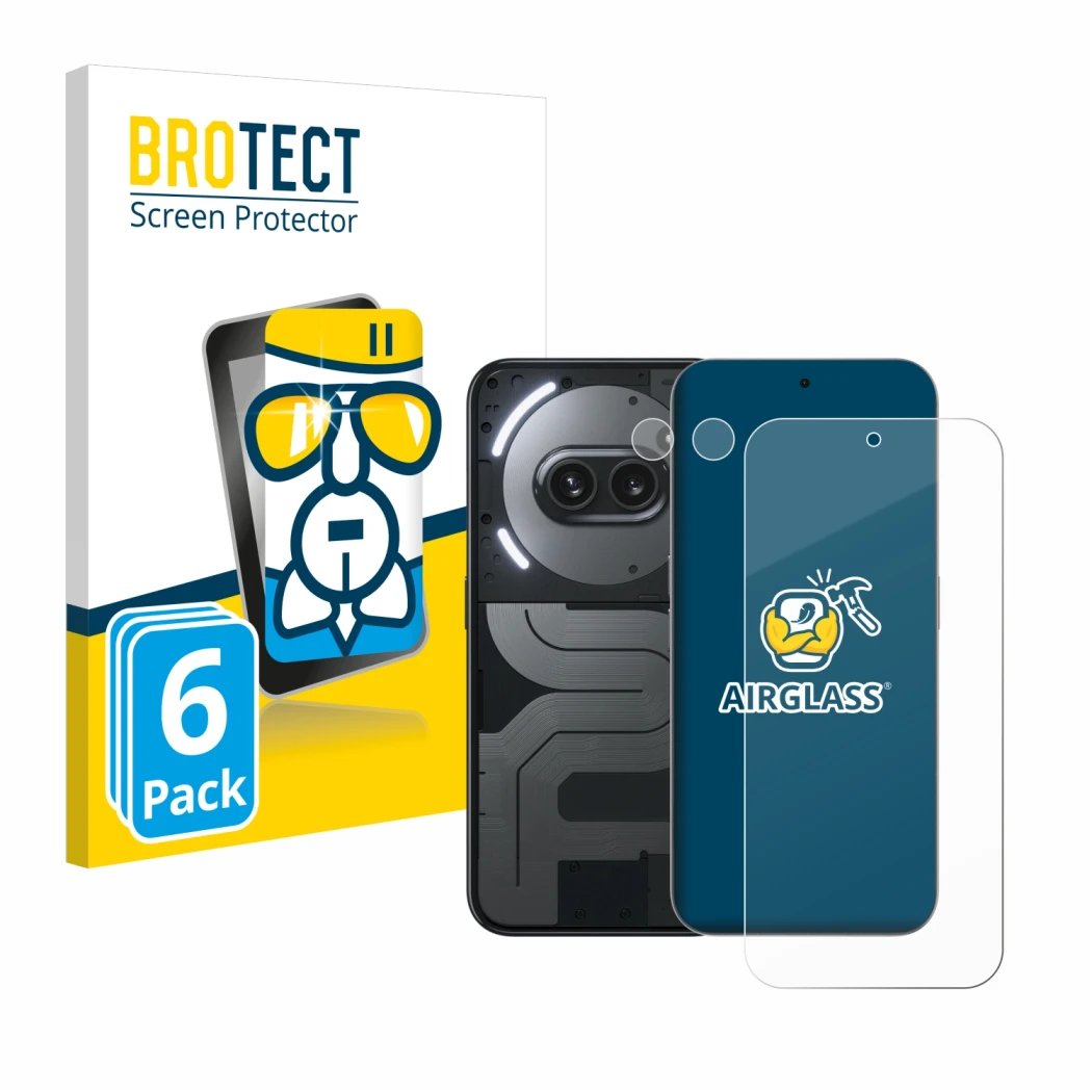 Parte frontale di una confezione del prodotto con il logo del marchio BROTECT. Accanto è raffigurato il dispositivo Nothing Ph