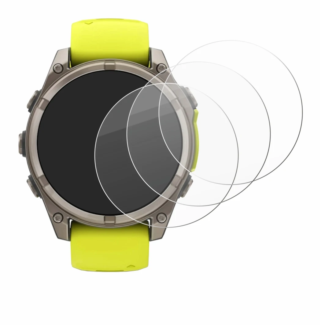Immagine del dispositivo Garmin Fenix 8 Solar (47 mm) con un'ampia varietà di protezioni per lo schermo.