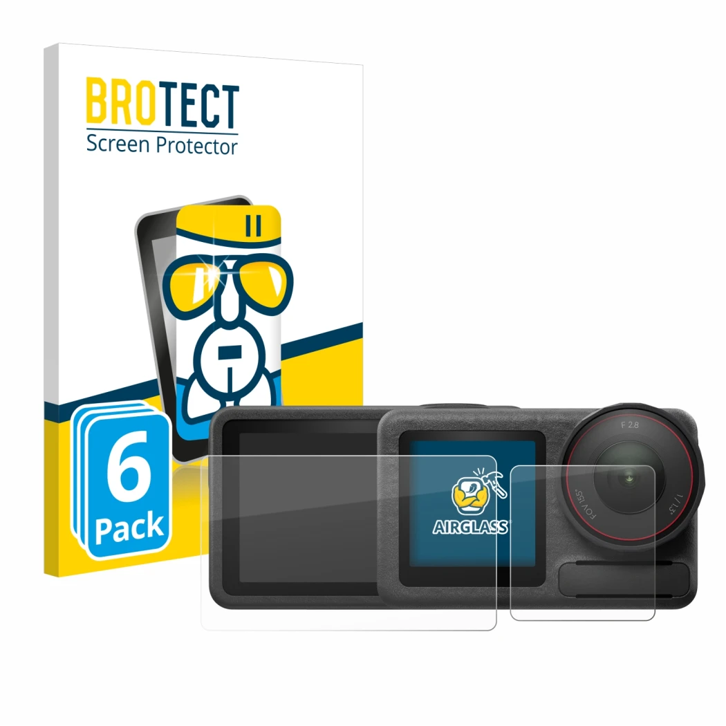 Parte frontale di una confezione del prodotto con il logo del marchio BROTECT. Accanto è raffigurato il dispositivo DJI Osmo A