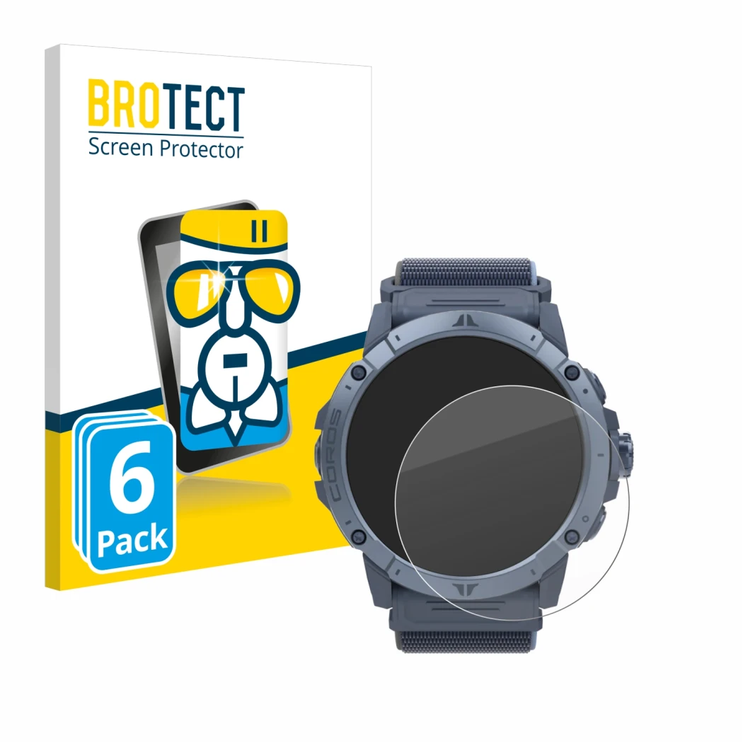 Parte frontale di una confezione del prodotto con il logo del marchio BROTECT. Accanto è raffigurato il dispositivo Coros Vert