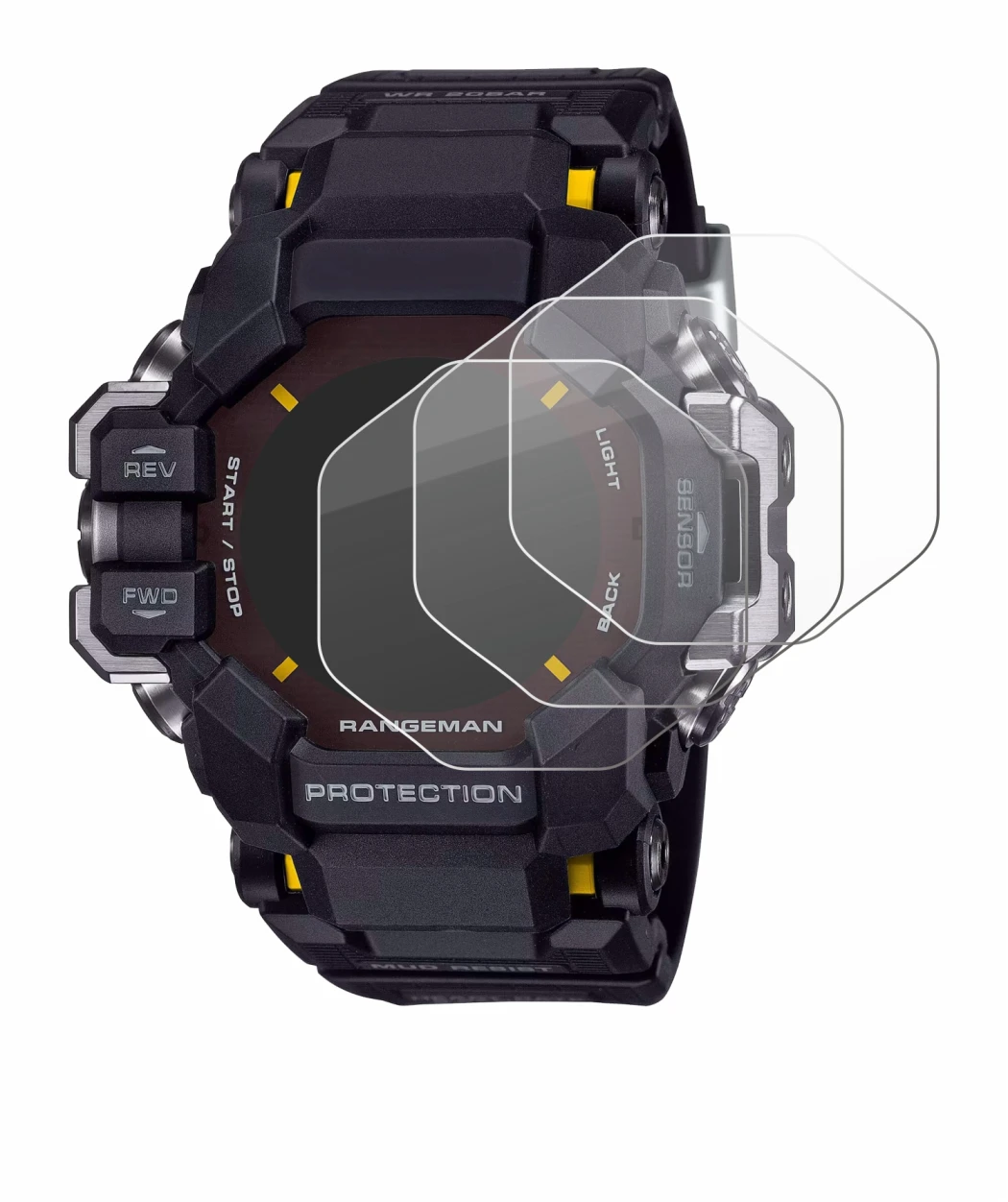 Immagine del dispositivo Casio G-Shock GPR-H 1000 con un'ampia varietà di protezioni per lo schermo.