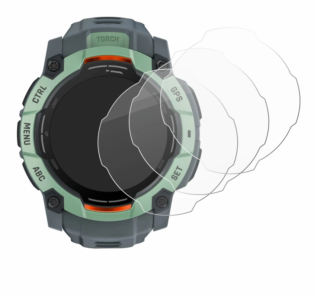 Immagine del dispositivo Garmin Instinct 3 AMOLED (50 mm) con un'ampia varietà di protezioni per lo schermo.