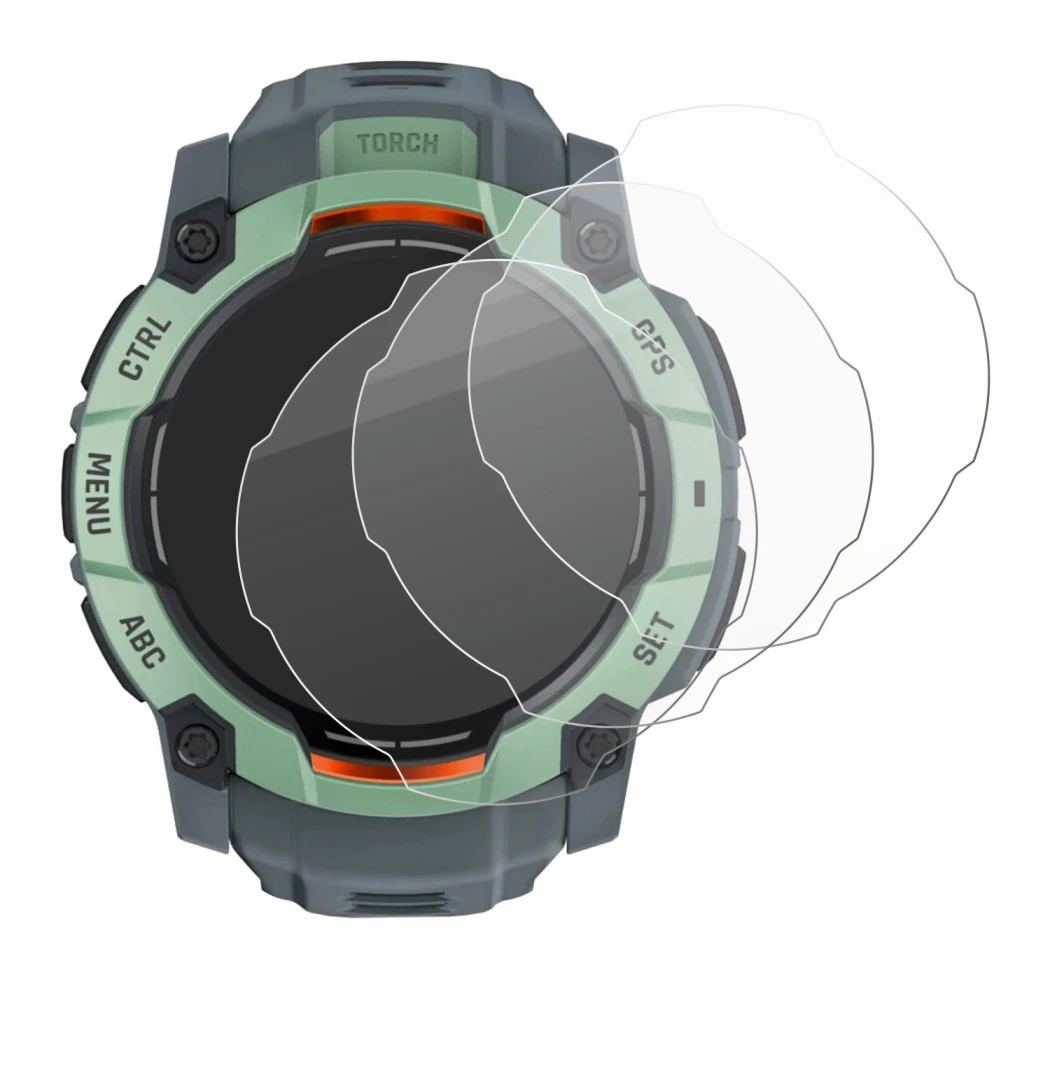 Immagine del dispositivo Garmin Instinct 3 AMOLED (45 mm) con un'ampia varietà di protezioni per lo schermo.
