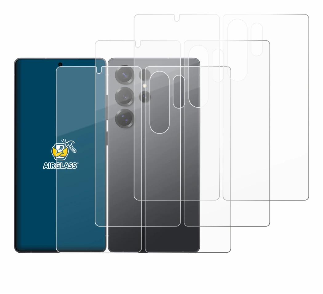 Immagine del dispositivo Samsung Galaxy S25 Ultra (Fronte+Retro) con un'ampia varietà di protezioni per lo schermo.