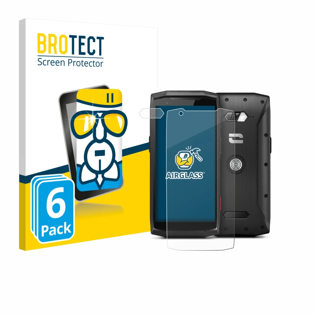 Parte frontale di una confezione del prodotto con il logo del marchio BROTECT. Accanto è raffigurato il dispositivo Crosscall 