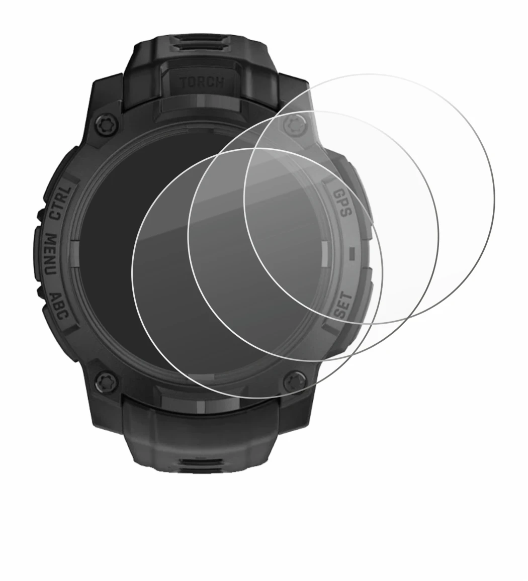 Immagine del dispositivo Garmin Instinct 3 Solar Tactical Edition (45 mm) con un'ampia varietà di protezioni per lo schermo.