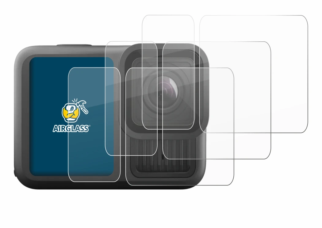 Immagine del dispositivo GoPro Hero 13 Black Ultra Wide Edition con un'ampia varietà di protezioni per lo schermo.