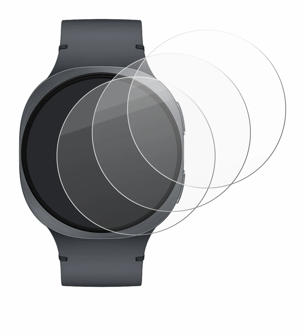 Immagine del dispositivo Samsung Galaxy Watch 8 (44 mm) con un'ampia varietà di protezioni per lo schermo.