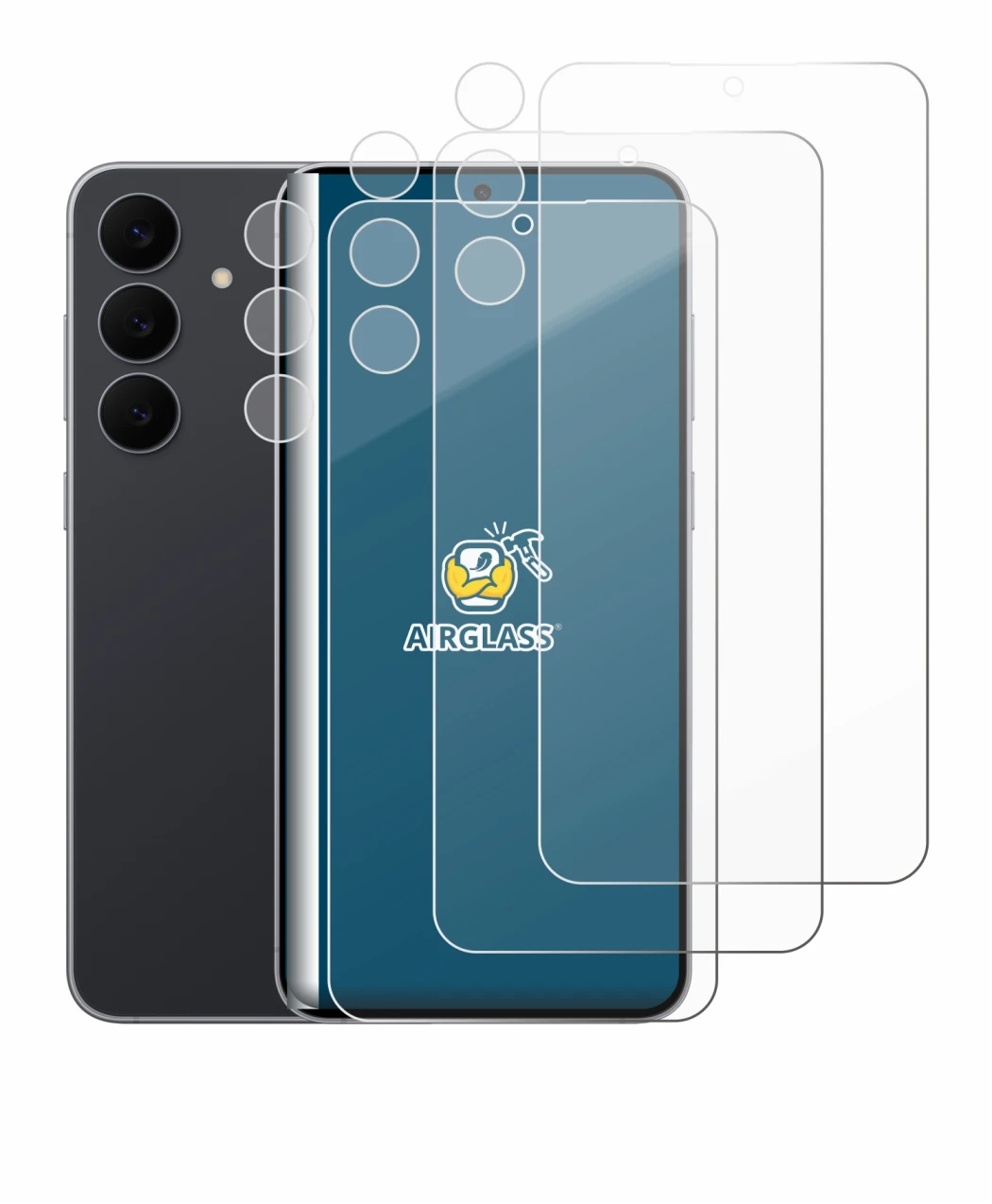 Immagine del dispositivo Samsung Galaxy S25 FE (Fronte+Fotocamera) con un'ampia varietà di protezioni per lo schermo.