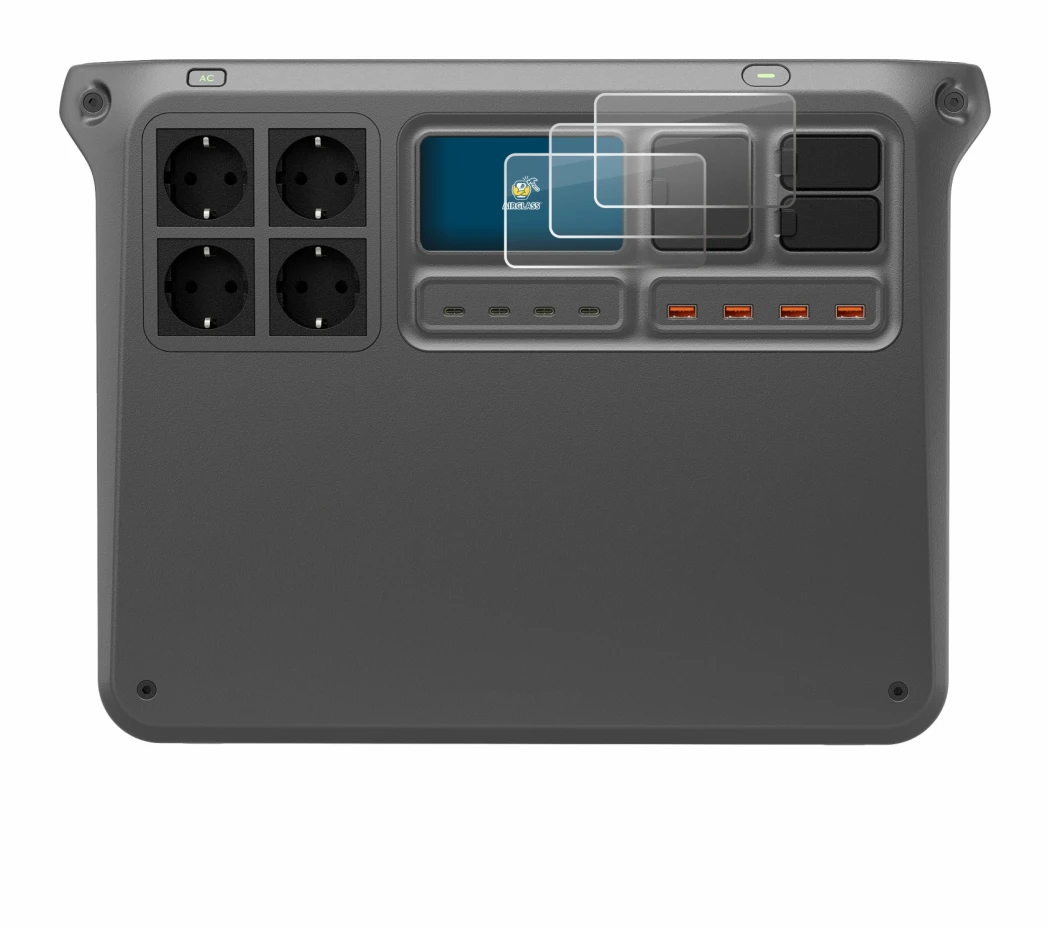 Immagine del dispositivo DJI Power 2000 con un'ampia varietà di protezioni per lo schermo.