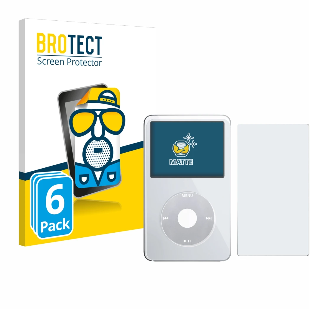 Parte frontale di una confezione del prodotto con il logo del marchio BROTECT. Accanto è raffigurato il dispositivo Apple iPod