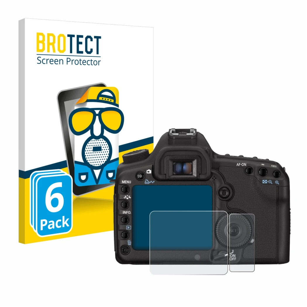 Parte frontale di una confezione del prodotto con il logo del marchio BROTECT. Accanto è raffigurato il dispositivo Canon EOS 