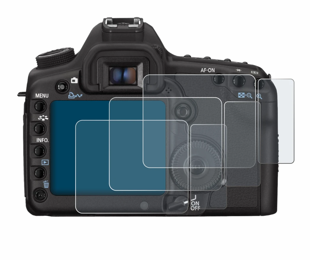 Immagine del dispositivo Canon EOS 5D Mark II con un'ampia varietà di protezioni per lo schermo.