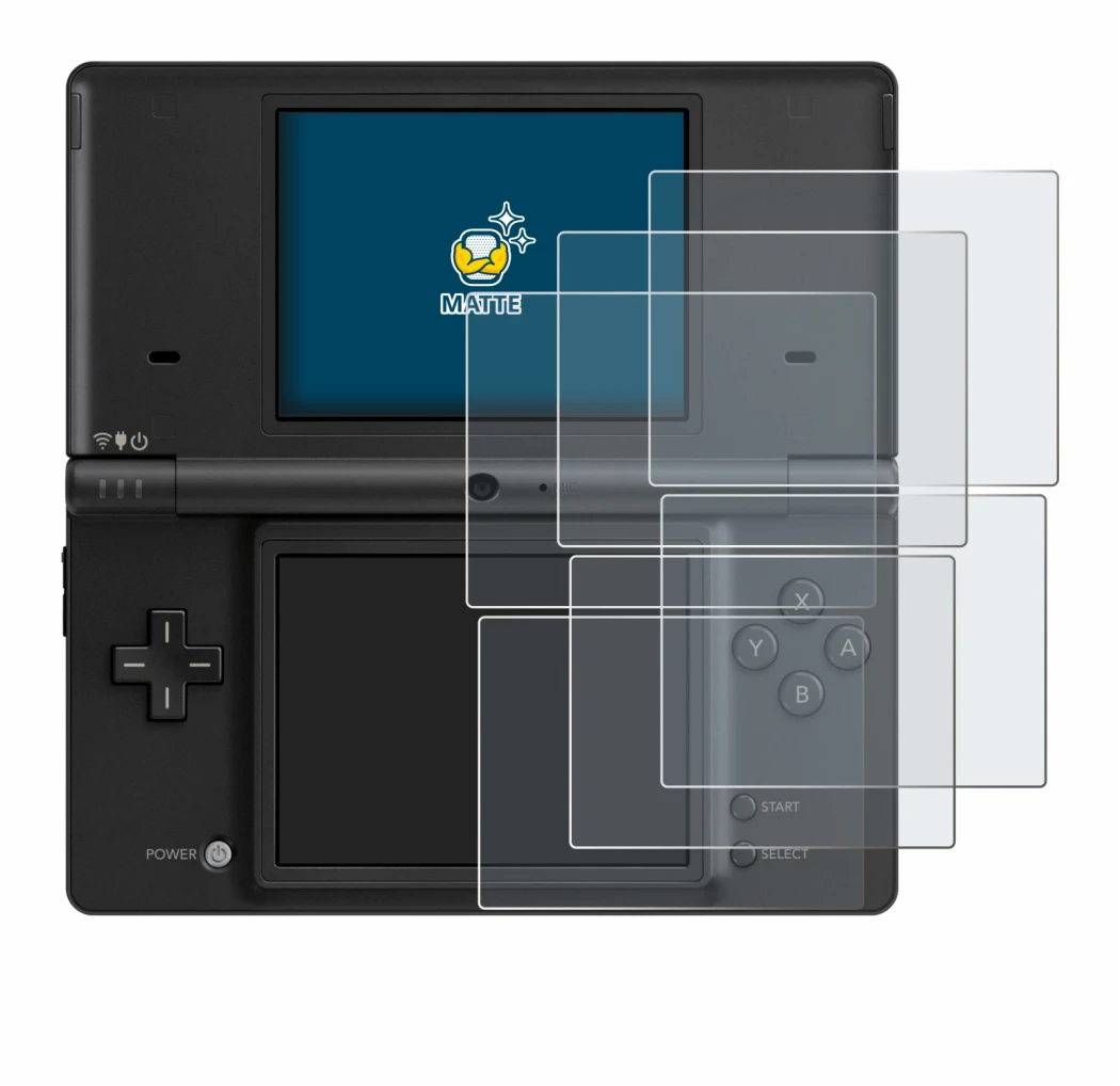 Immagine del dispositivo Nintendo DSi con un'ampia varietà di protezioni per lo schermo.