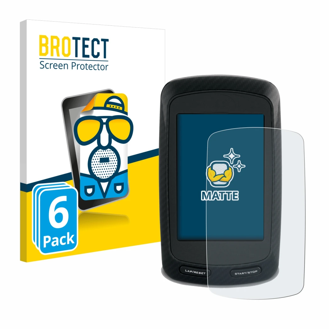 Parte frontale di una confezione del prodotto con il logo del marchio BROTECT. Accanto è raffigurato il dispositivo Garmin Edg