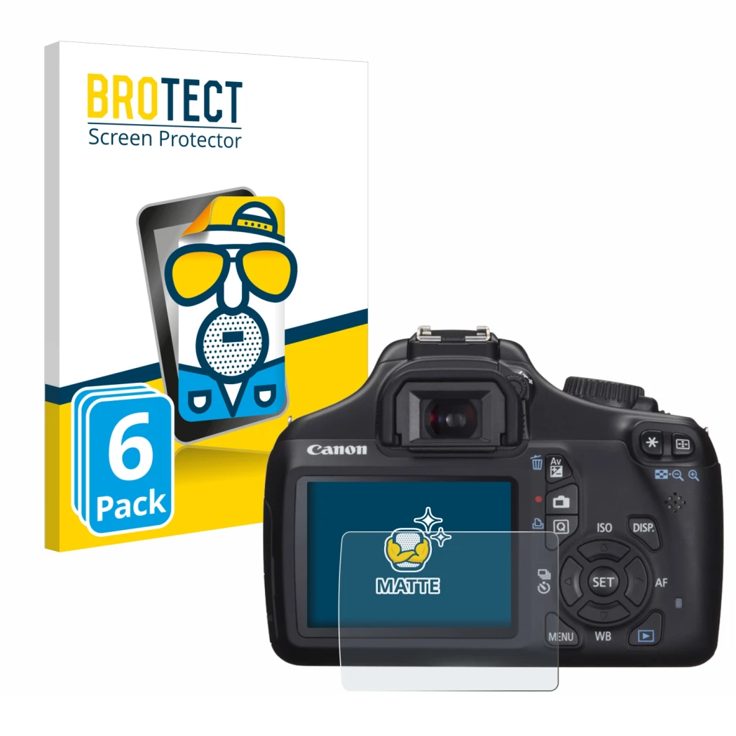 Parte frontale di una confezione del prodotto con il logo del marchio BROTECT. Accanto è raffigurato il dispositivo Canon EOS 