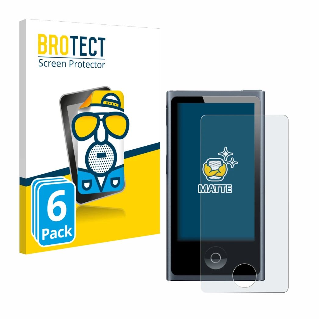 Parte frontale di una confezione del prodotto con il logo del marchio BROTECT. Accanto è raffigurato il dispositivo Apple iPod