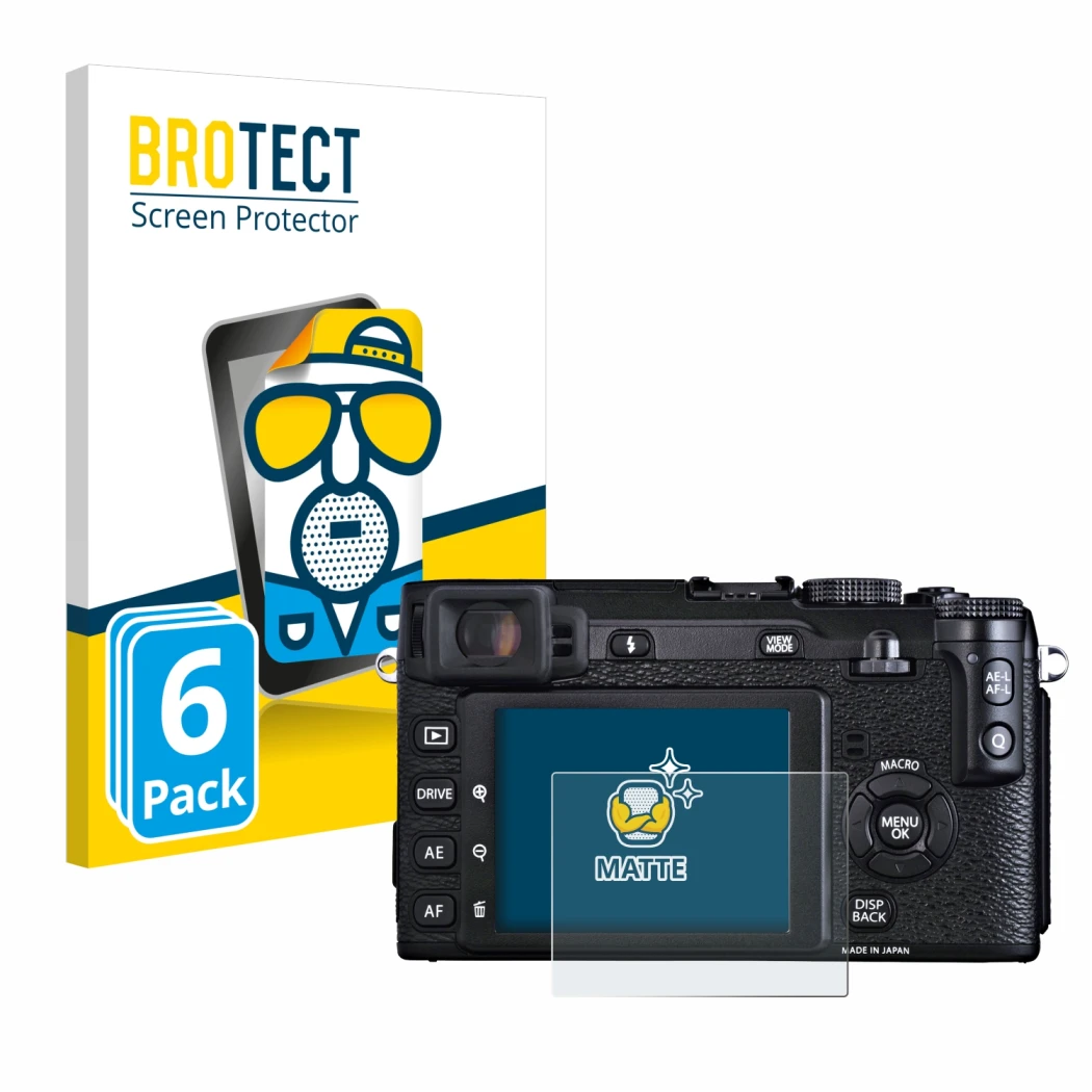 Parte frontale di una confezione del prodotto con il logo del marchio BROTECT. Accanto è raffigurato il dispositivo Fujifilm X