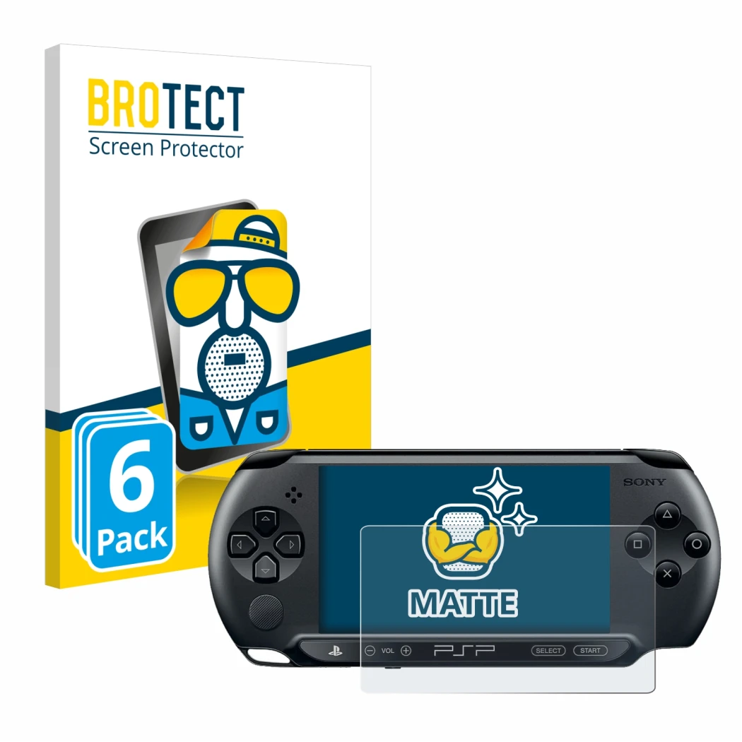 Parte frontale di una confezione del prodotto con il logo del marchio BROTECT. Accanto è raffigurato il dispositivo Sony PSP 1