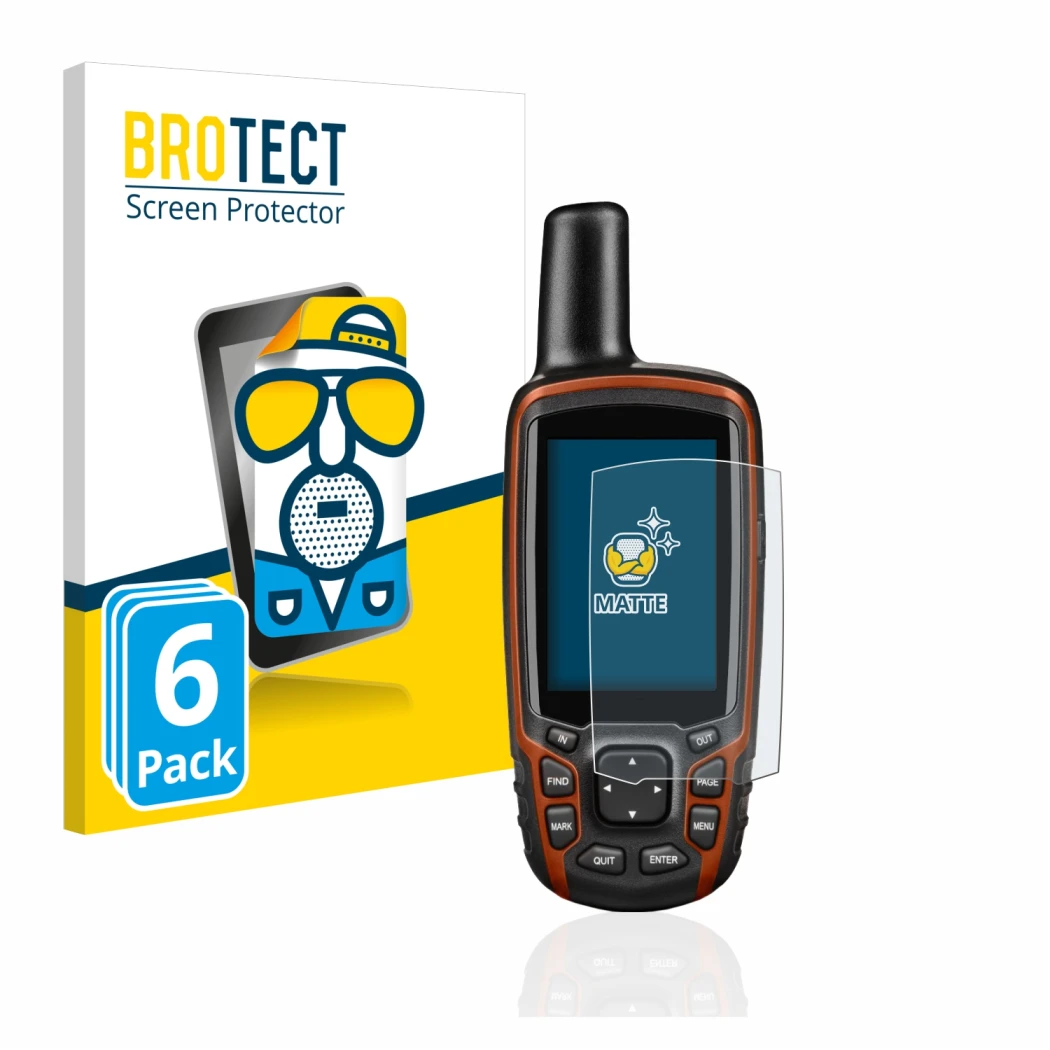 Parte frontale di una confezione del prodotto con il logo del marchio BROTECT. Accanto è raffigurato il dispositivo Garmin GPS