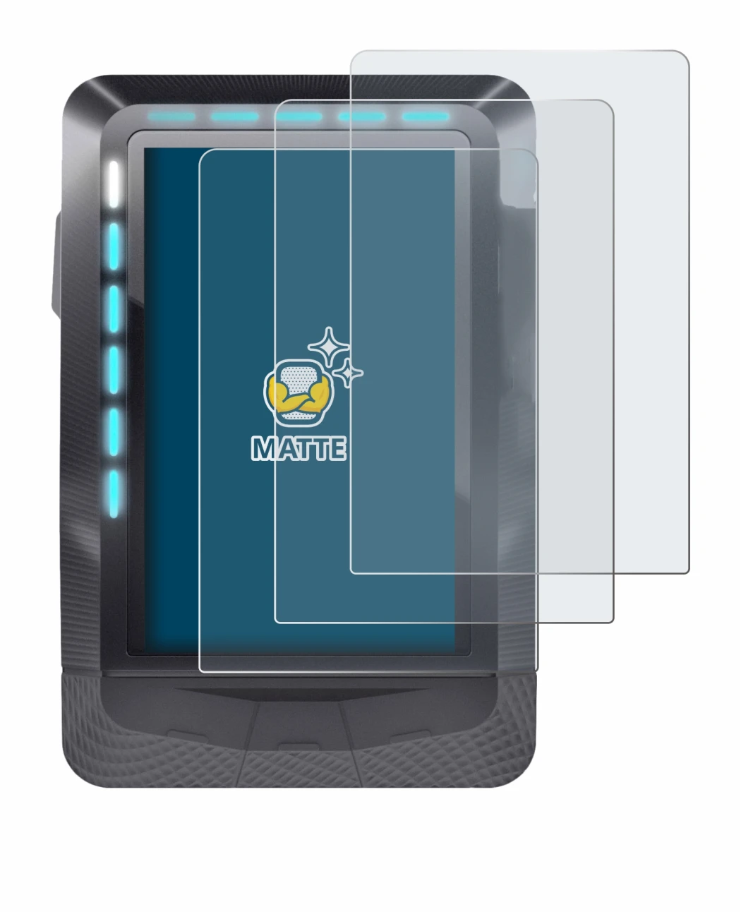 Immagine del dispositivo Wahoo Elemnt GPS con un'ampia varietà di protezioni per lo schermo.