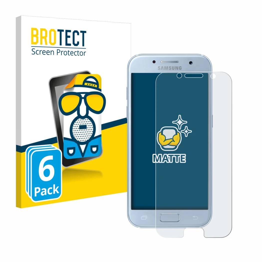 Parte frontale di una confezione del prodotto con il logo del marchio BROTECT. Accanto è raffigurato il dispositivo Samsung Ga