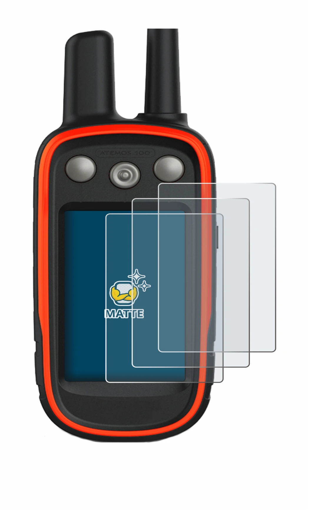 Immagine del dispositivo Garmin Atemos 100 con un'ampia varietà di protezioni per lo schermo.