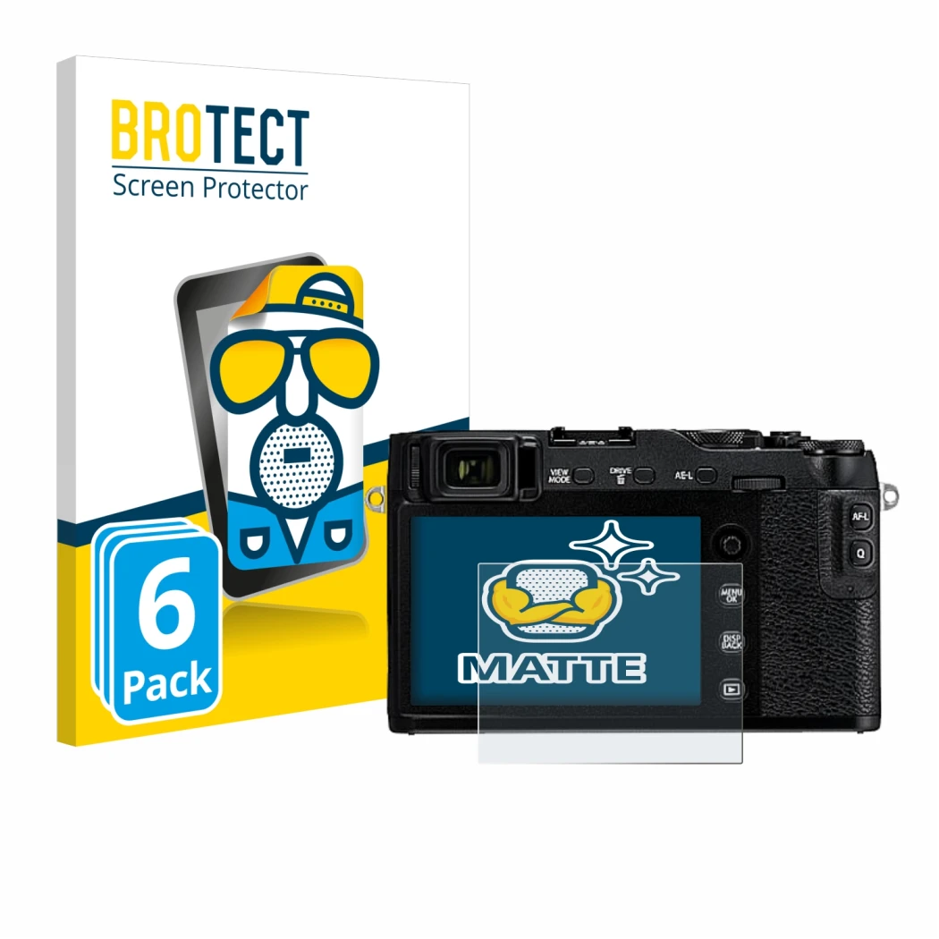 Parte frontale di una confezione del prodotto con il logo del marchio BROTECT. Accanto è raffigurato il dispositivo Fujifilm X