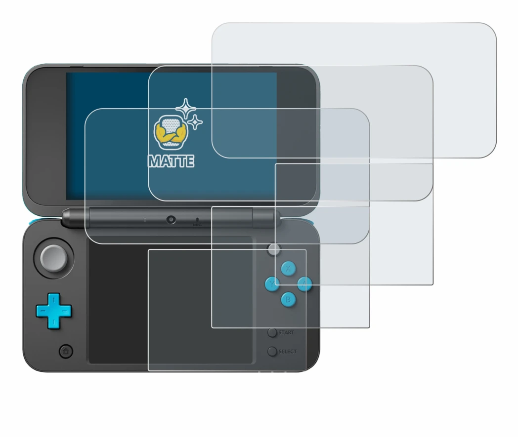 Immagine del dispositivo New Nintendo 2DS XL con un'ampia varietà di protezioni per lo schermo.