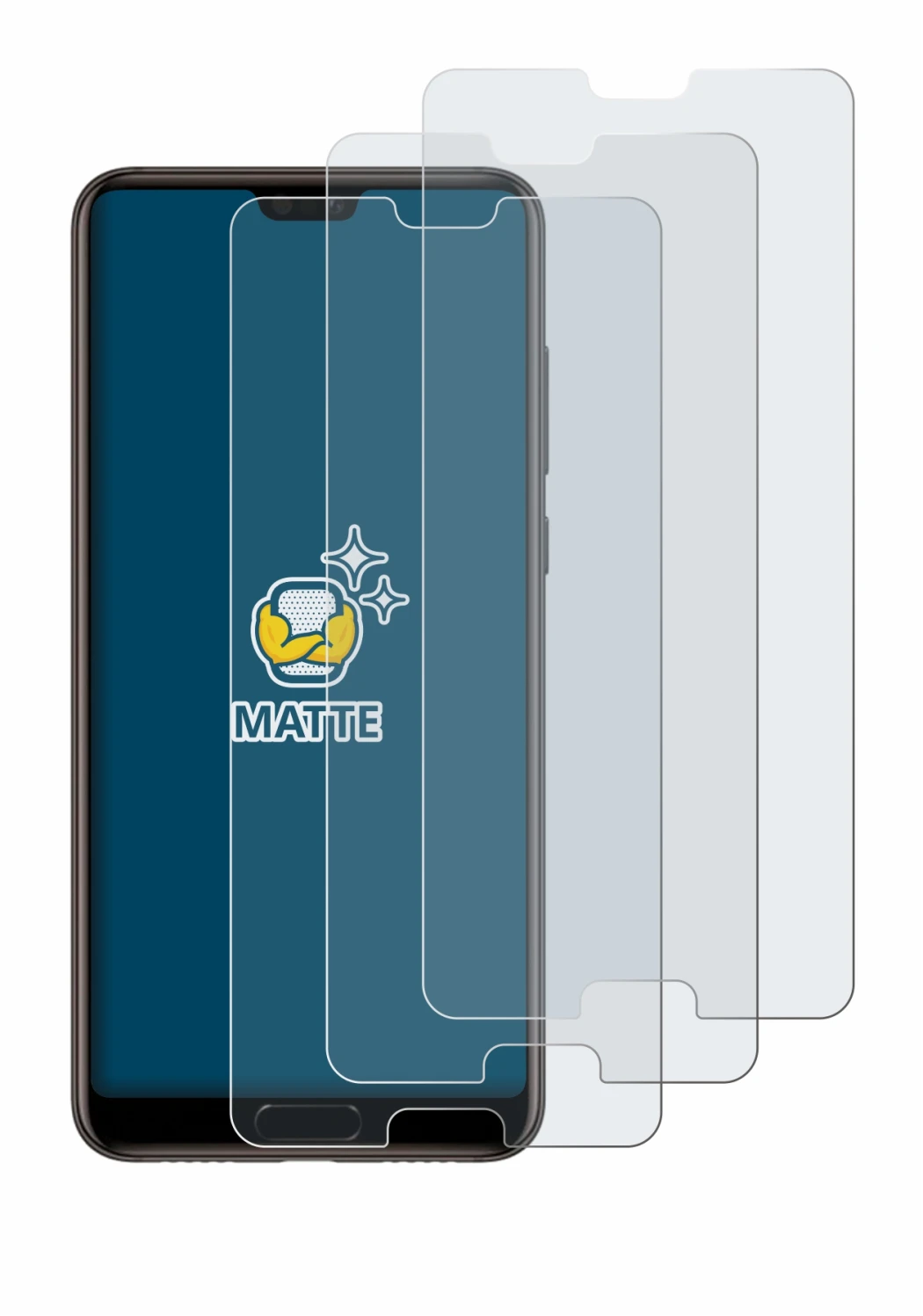 Immagine del dispositivo Huawei P20 con un'ampia varietà di protezioni per lo schermo.