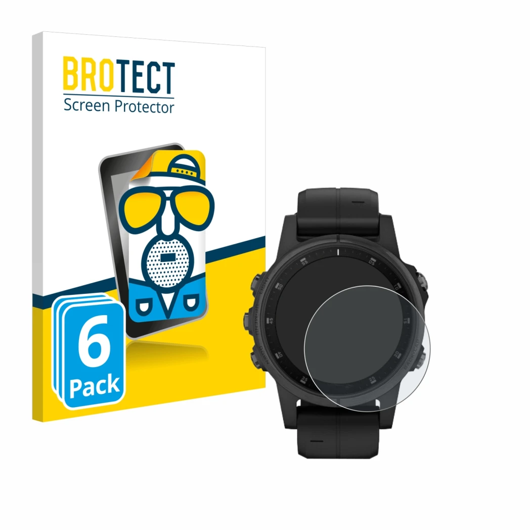 Parte frontale di una confezione del prodotto con il logo del marchio BROTECT. Accanto è raffigurato il dispositivo Garmin Fen