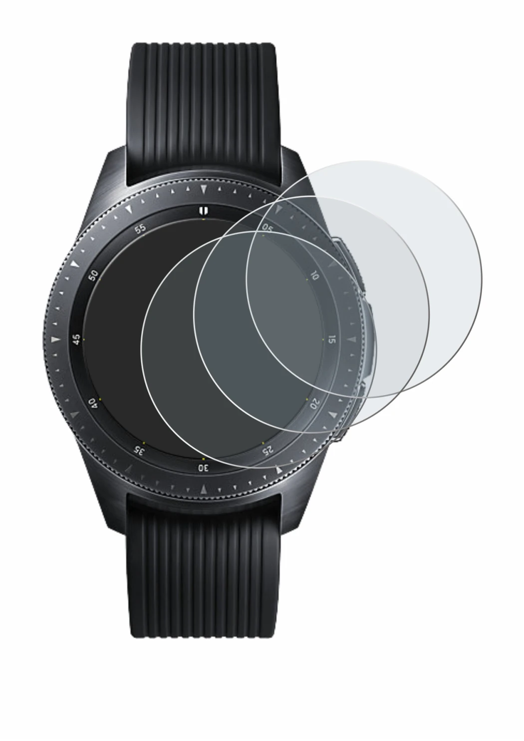 Immagine del dispositivo Samsung Galaxy Watch (42 mm) con un'ampia varietà di protezioni per lo schermo.