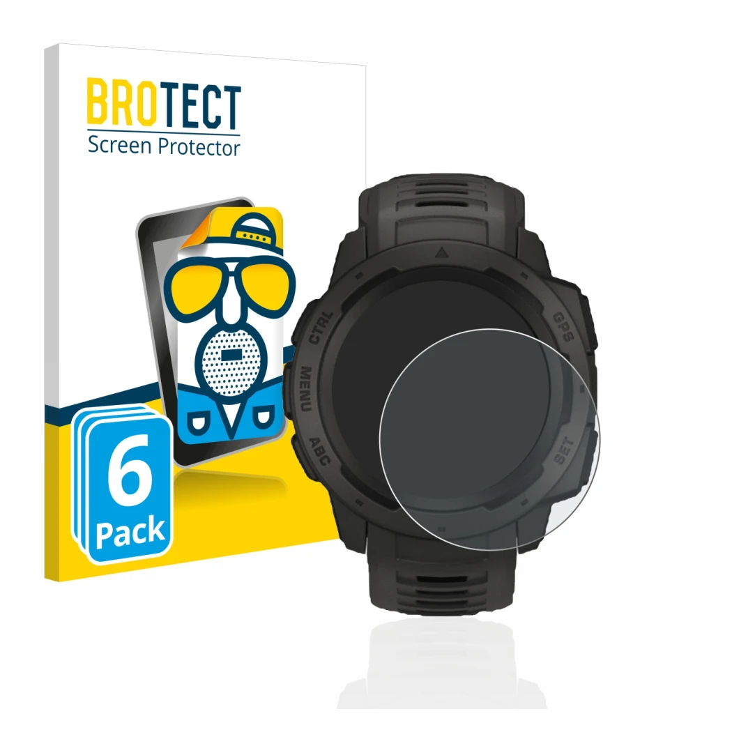 Parte frontale di una confezione del prodotto con il logo del marchio BROTECT. Accanto è raffigurato il dispositivo Garmin Ins