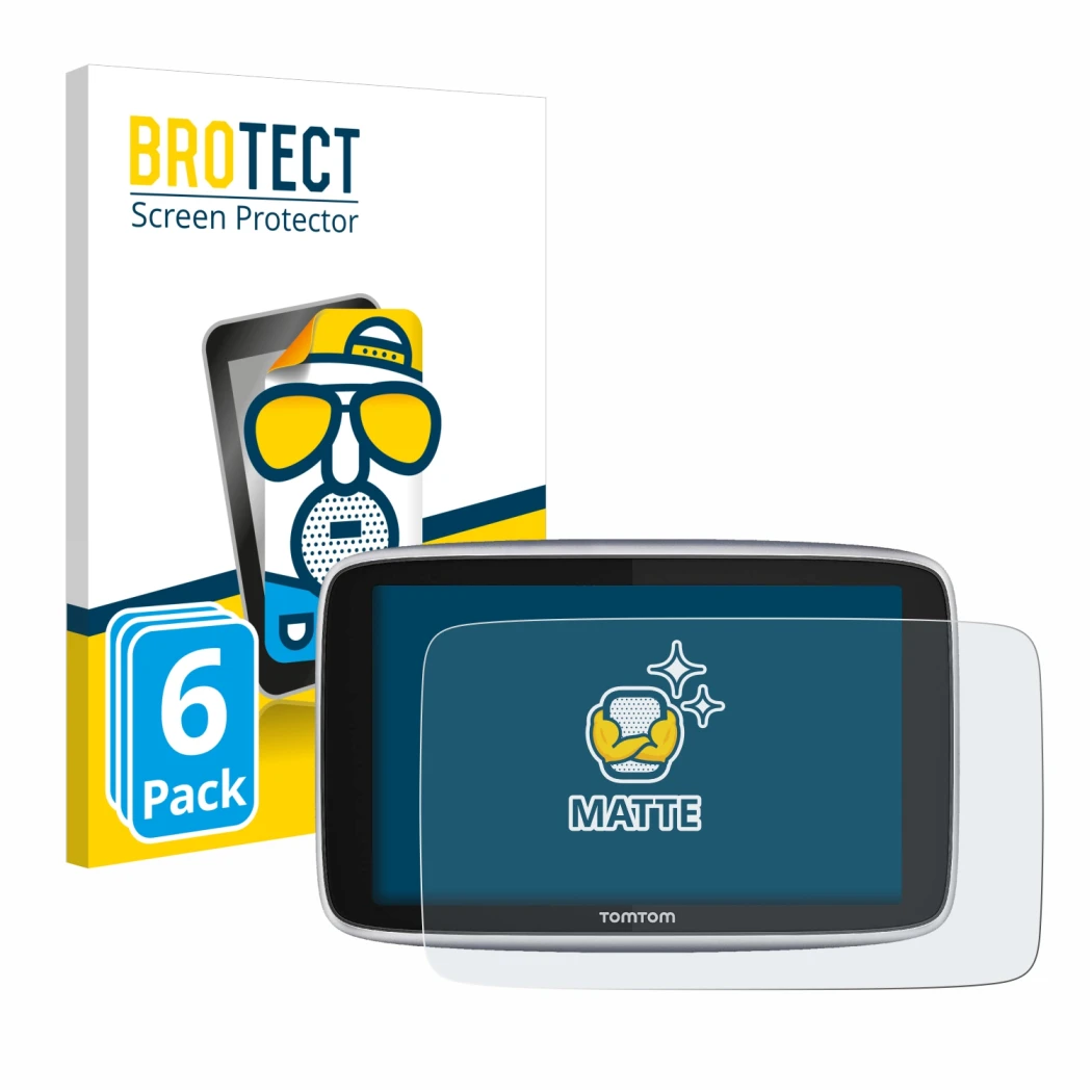 Parte frontale di una confezione del prodotto con il logo del marchio BROTECT. Accanto è raffigurato il dispositivo TomTom GO