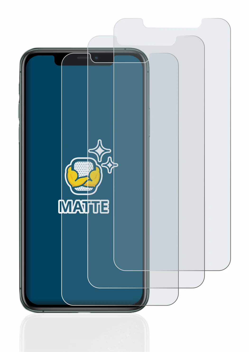 Immagine del dispositivo Apple iPhone 11 Pro Max con un'ampia varietà di protezioni per lo schermo.