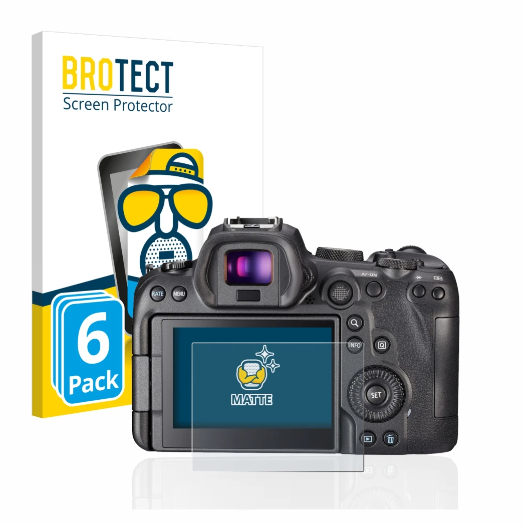 Parte frontale di una confezione del prodotto con il logo del marchio BROTECT. Accanto è raffigurato il dispositivo Canon EOS