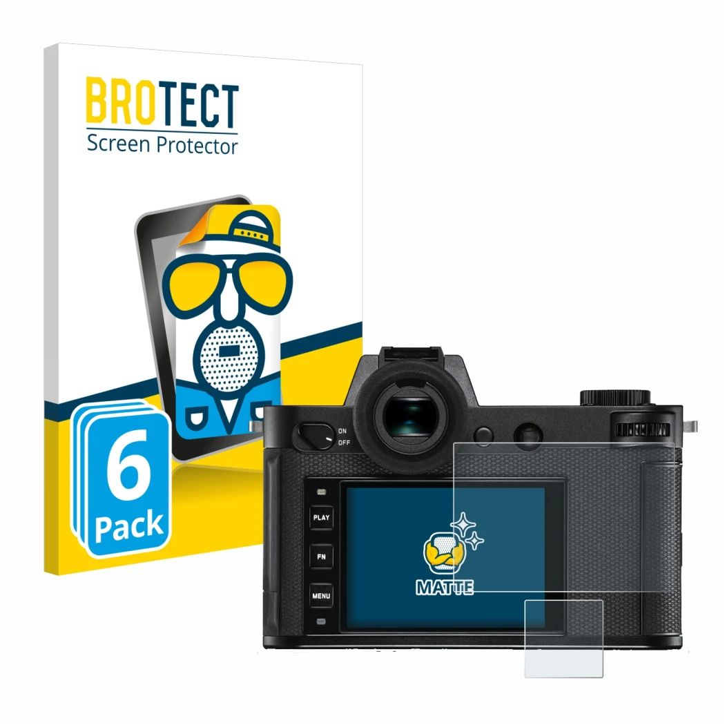 Parte frontale di una confezione del prodotto con il logo del marchio BROTECT. Accanto è raffigurato il dispositivo Leica SL2-