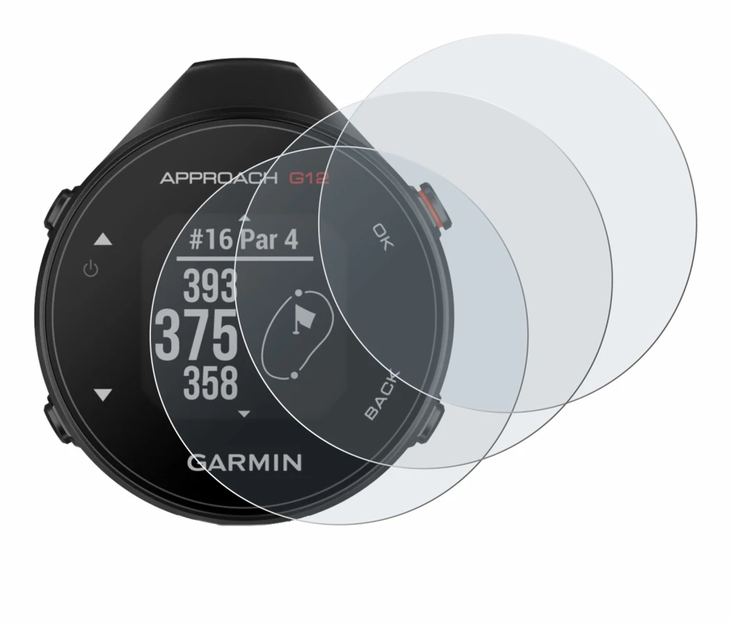 Immagine del dispositivo Garmin Approach G12 con un'ampia varietà di protezioni per lo schermo.