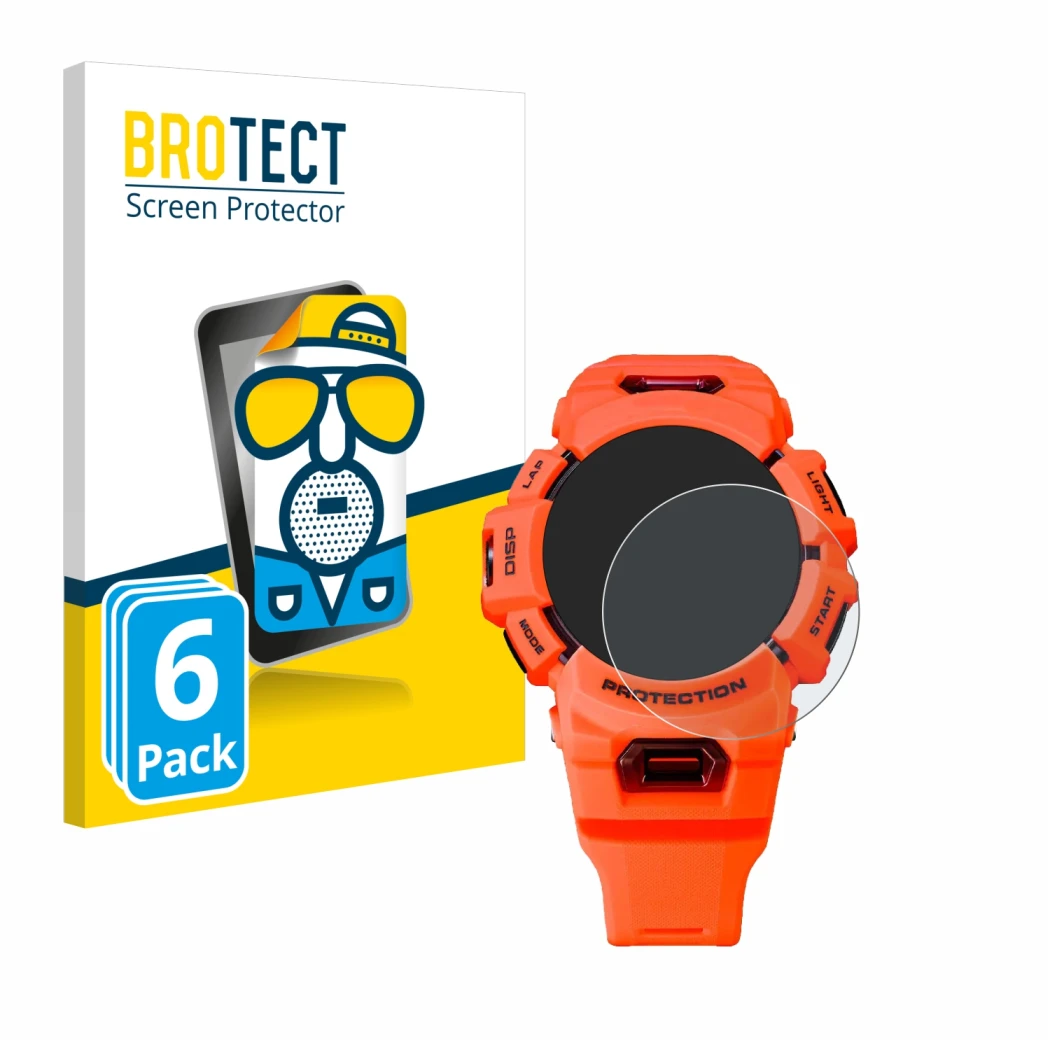 Parte frontale di una confezione del prodotto con il logo del marchio BROTECT. Accanto è raffigurato il dispositivo Casio G-Sh