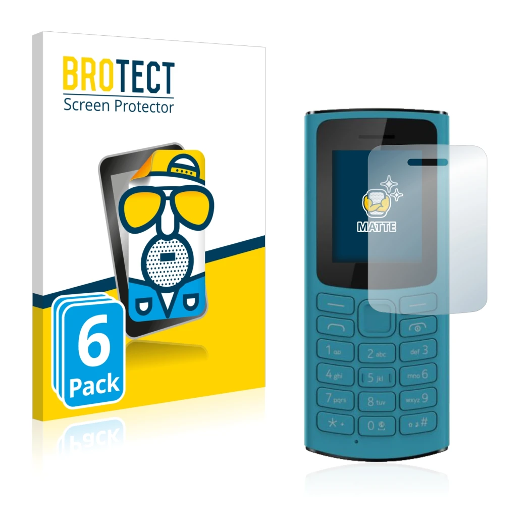 Parte frontale di una confezione del prodotto con il logo del marchio BROTECT. Accanto è raffigurato il dispositivo Nokia 105