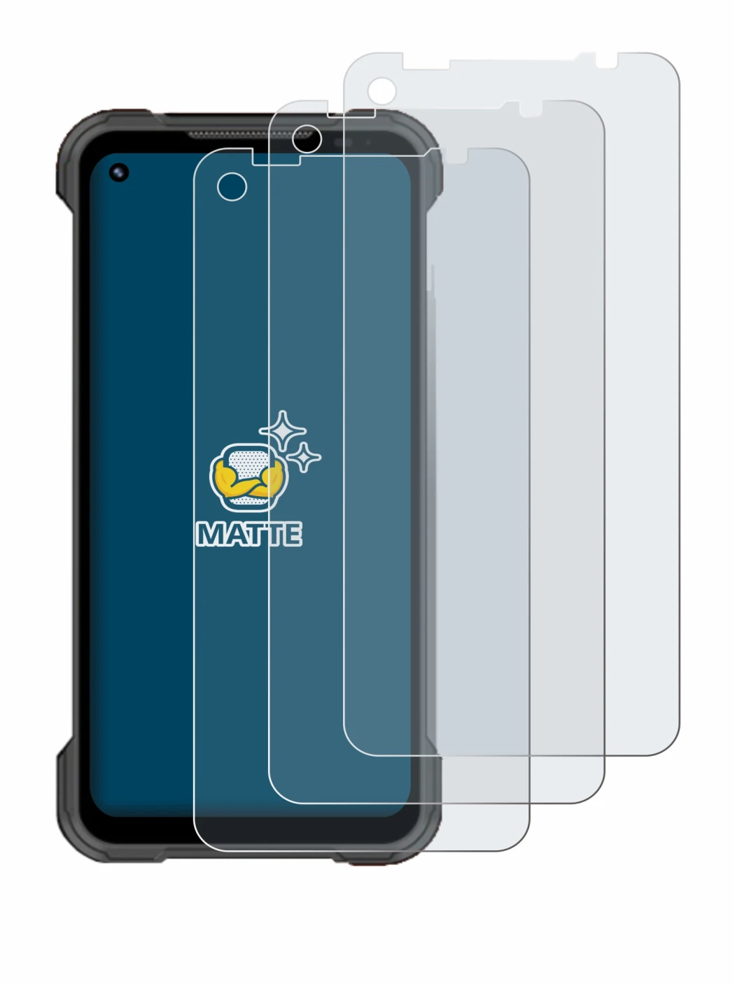 Immagine del dispositivo Doogee S97 Pro con un'ampia varietà di protezioni per lo schermo.