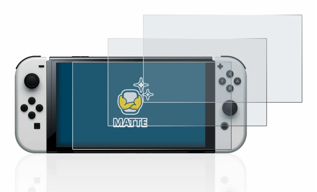 Immagine del dispositivo Nintendo Switch OLED-Modell con un'ampia varietà di protezioni per lo schermo.